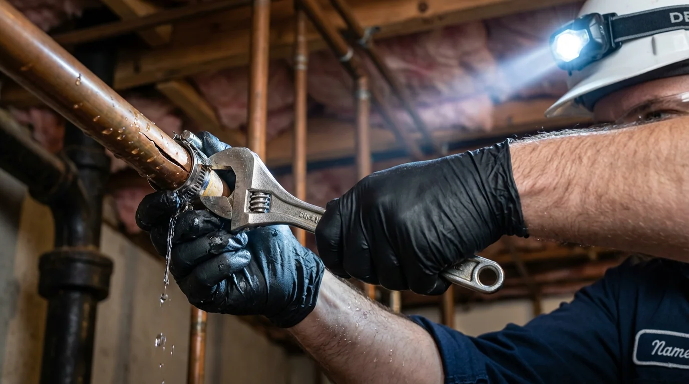 Emergency pipe clamp repair being performed by a Johns Plumbing LLC plumber in Palisade