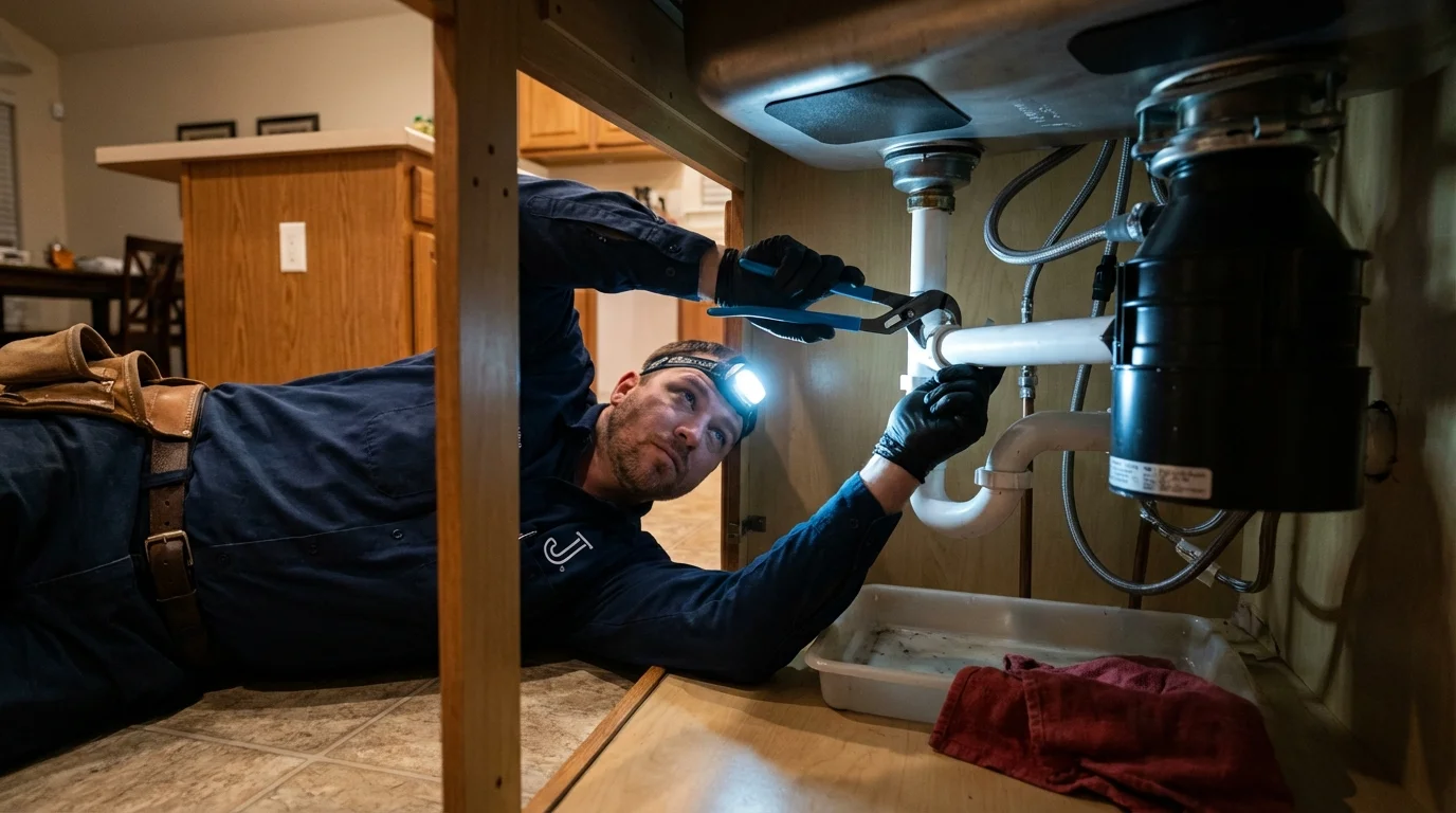 P-trap and supply line connections under a kitchen sink showing a common leak point in Palisade, CO